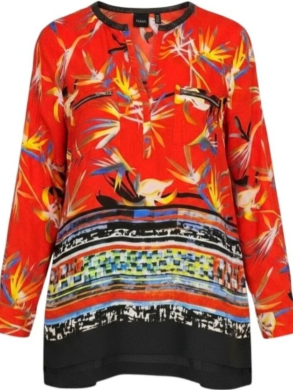 Rafaella Blouse Red Floral Faux Leather Trim Zip Pocket Tunic sz L
